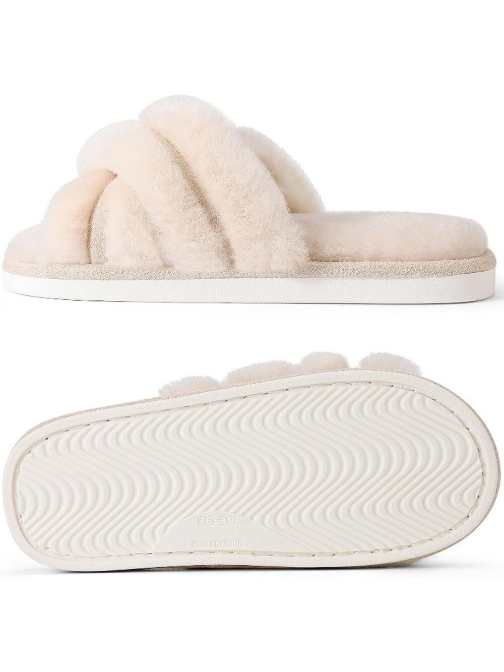 Women's Beige Fuzzy Cross Band Memory Foam House Open Toe Soft Slipper Shoes - Picture 7 of 7